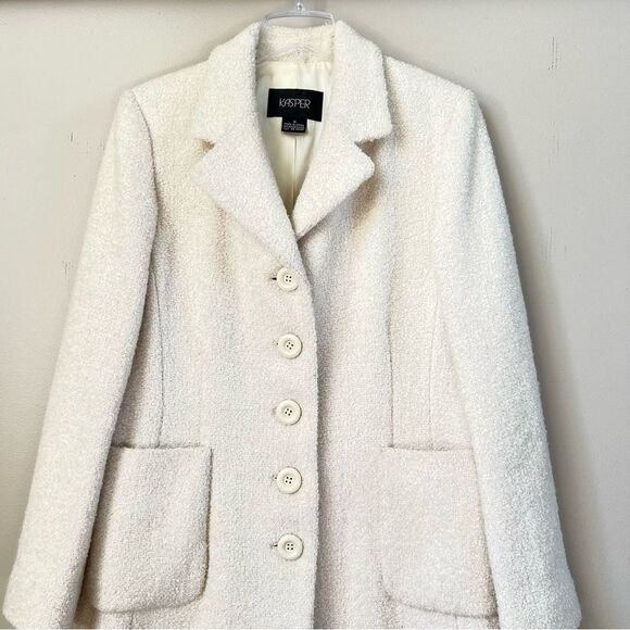 KASPER Rare Wool Blend Boucle Ivory Single Breasted Trench Overcoat Jacket SZ 14 - Picture 2 of 16